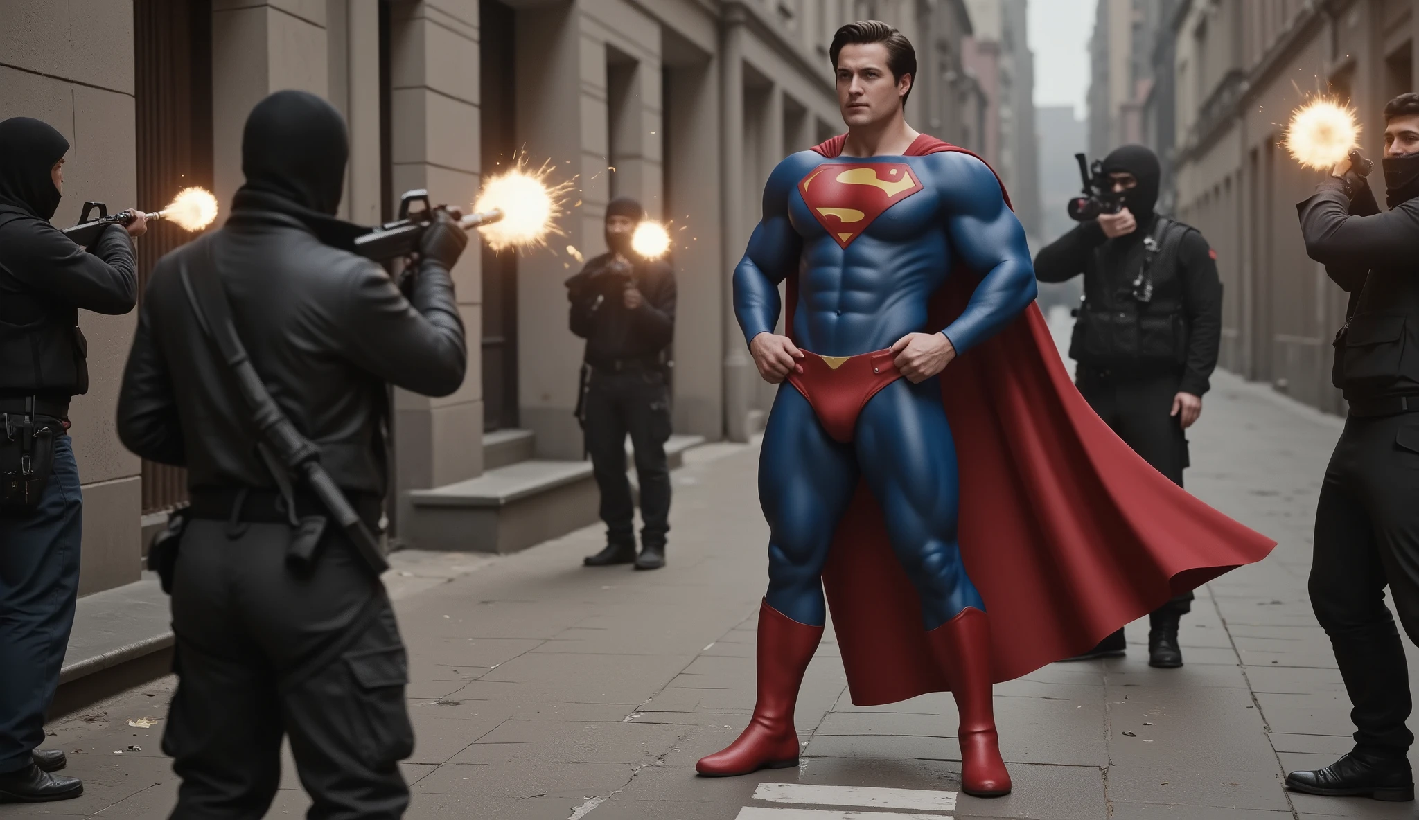 A man in blue full body tights appears in front of the terrorists, they immediately attack the man, but to their surprise their bullets just bounce harmlessly off. The man calls himself Superman and stares menacingly at them. They had heard rumors of the Man of Steel, but had obviously underestimated him. But they cannot back down here. Until the day their island, Ahokadoru, wins its independence.