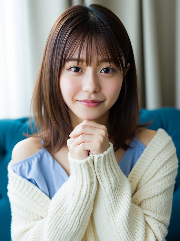 hikari_kabashima, The image is a portrait of a young Asian woman with shoulder-length brown hair and bangs. Snow-white skin. She is wearing a blue top and a white knitted sweater. The woman is sitting on a blue couch and is looking directly at the camera with a slight smile on her face. Her hands are clasped together in front of her chest, and she is holding the sweater with both hands. The background is blurred, but it appears to be a living room with a window and curtains. 

Natural lighting. 