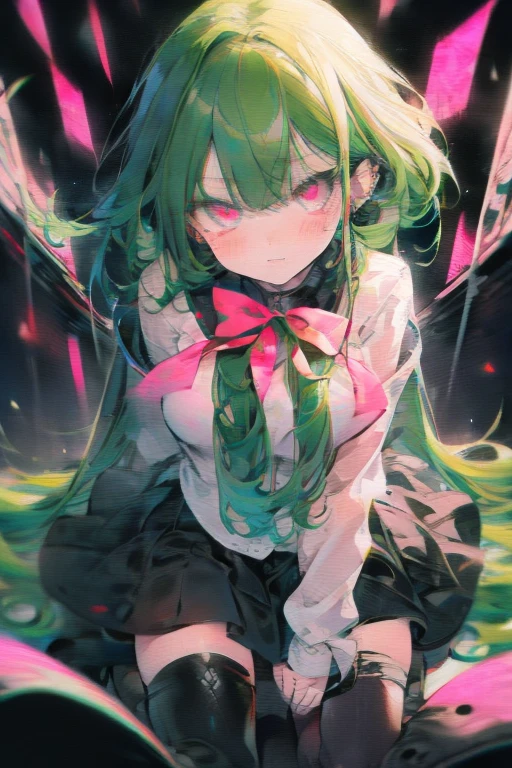 dead body、Blood everywhere、blood splashing、dark hue、Red hue、、long、Green hair、Twin-tailed、Ahegao ( Silly / Sexual ecstasy)、Cross-eyed、Stranger、View other people、Blunt bangs、 over-kneehighs,Ahegao , Silly,Sexual ecstasy,Drunken eyes,Blunt bangs, Green hair,(masutepiece:1.2, Best Quality), (finely detailed beautiful eye: 1.2), (Detailed background,Dark Fantasy), (beautifull detailed face), High contrast, (Best Illumination, extremely delicate and beautiful), ((Cinematic Light)), Colorful, Hyper Detail, Dramatic light, Intricate details,