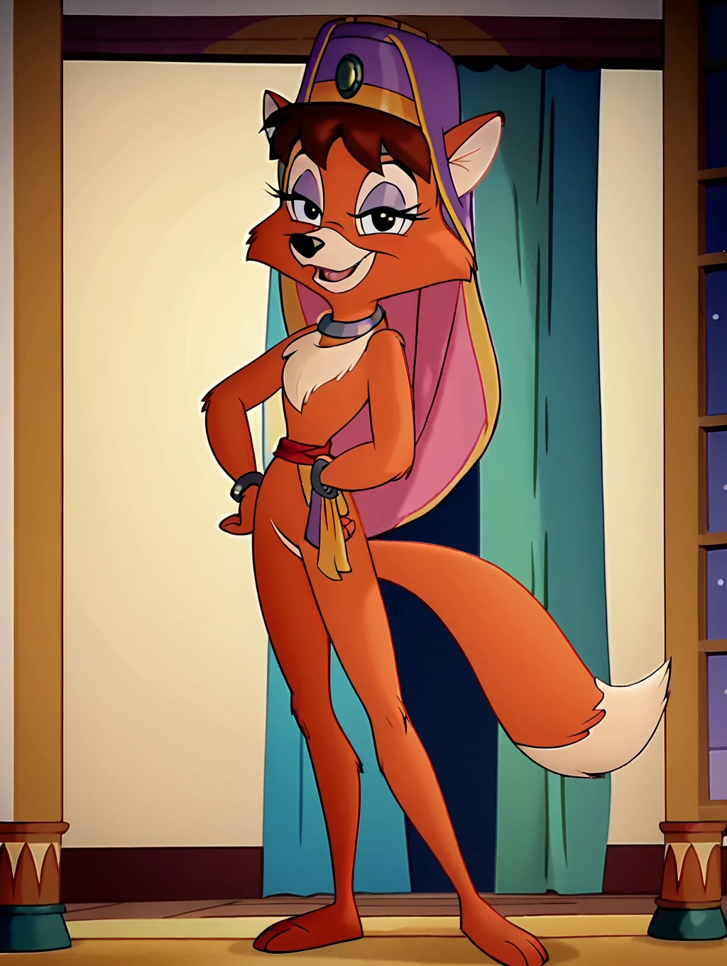 toon \(style\) ,full body, seductive, detailed background,(masterpiece, best quality, high quality, ), ,long legs,  lotta lamour, fox ears, flat color, toon (style), naked, fox, brown hair, long eyelashes, smile, red fur, narrow waist, long eyelashes,bedroom eyes,arabic themed palace,throneroom,inside,(seductive eyes look:1.3),flirting with viewer,open mouth,seductive smile, screencap, on model