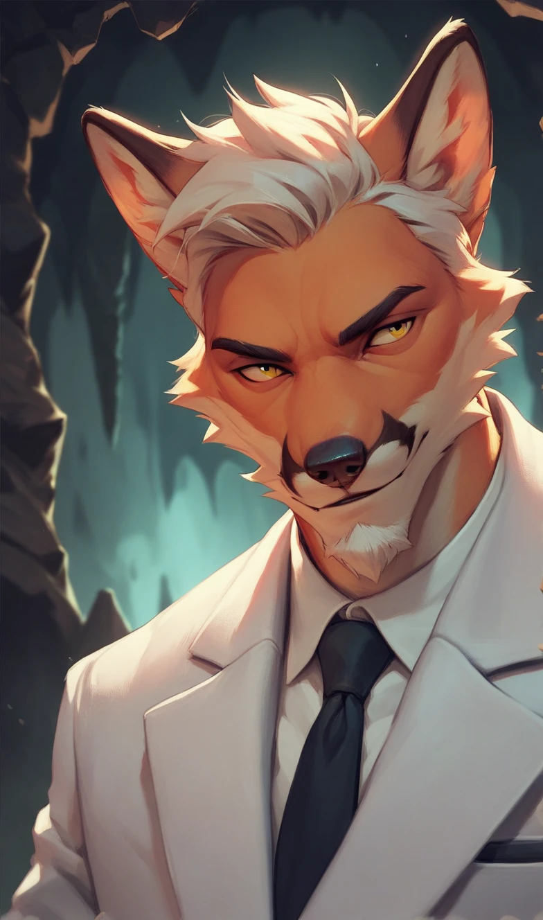 Portrait of a fox, random furry, antromorfo,  hairstyles , with short beard, white suit, posing styles, stopped, cave,  at night low lighting.