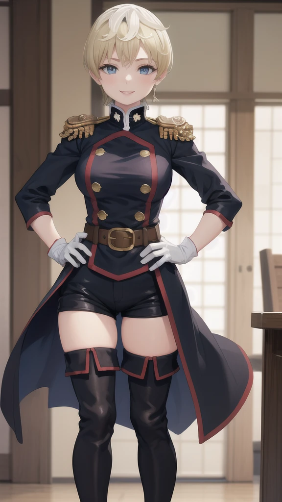 masterpiece, best quality, perfect anatomy, 1girl, solo, TenkaIzumo, military uniform, coat, black shorts, epaulettes, brown belt, thigh boots, white gloves, smile, hands on hips, indoors, 