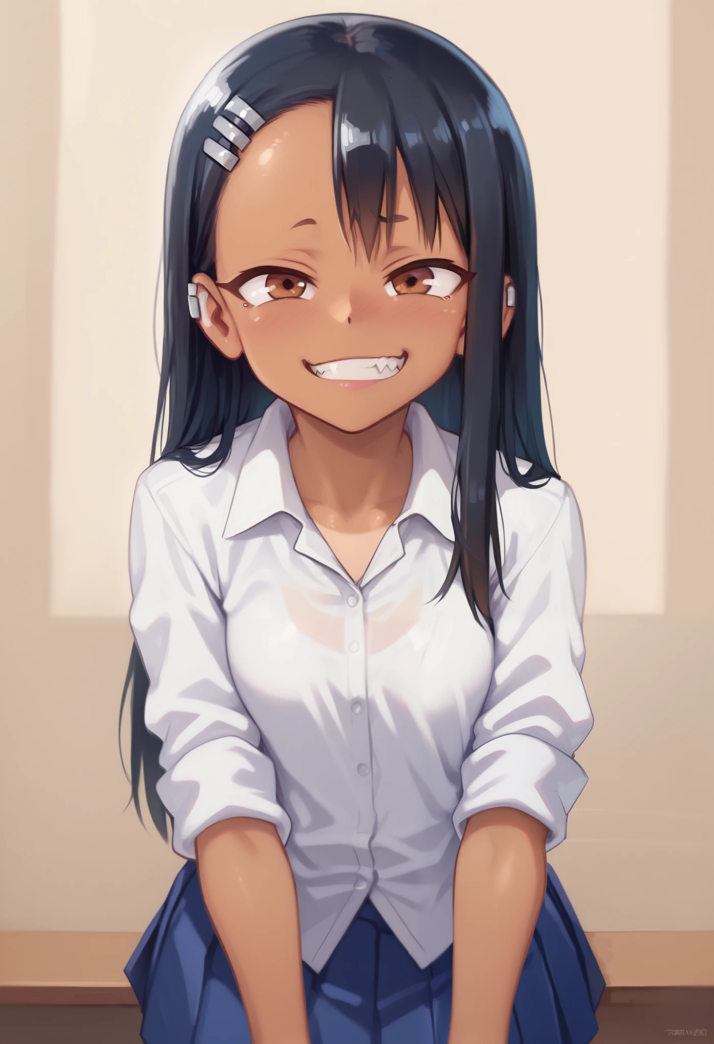 nagatoro_hayase, brown eyes, black hair, long hair, dark skin, dark-skinned female, tan, tanlines, hairclip, , white shirt, collared shirt, pleated skirt,,pov_deepthrt, blsdp, balls deep, throatfuck