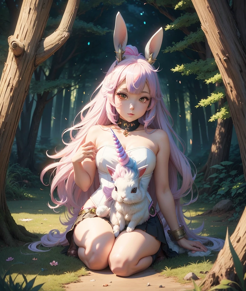 ((anime style)), (rabbit with unicorn horn), medieval, animal fantastic, forest, unicorn horn on rabbit, animal