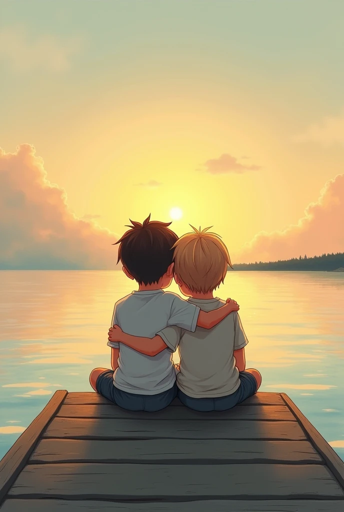 Beautiful couple of anime boys sitting on the sofa and kissing, with city view through the window and balcon behind them