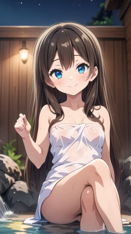  a girl, Alone, brown hair, long hair, wavy hair, sonrisa, naked towel, wet, foot fetish, crossing legs, sitting, onsen, night