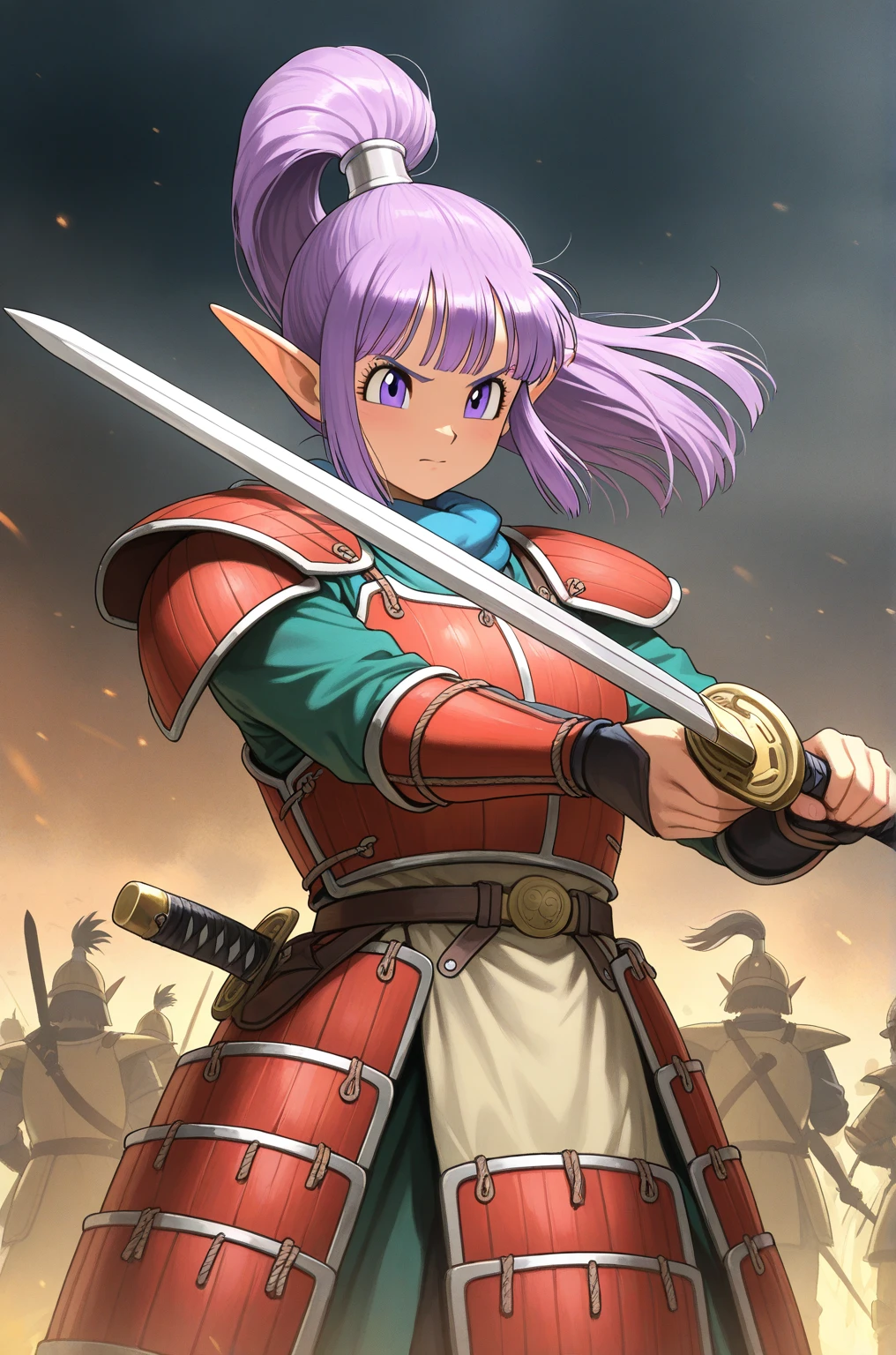  top quality, 's greatest masterpiece,  Highest Resolution ，（battlefield_background）， Purple _Hair Color， ponytail，Elf Woman _Dragon Quest 10 ，Swordsman_ young woman，Japanese-style armor， holding a Japanese sword， anime style, （4K）, Alone， ((whole body)) ，  hyperdetail, ( intricate details),