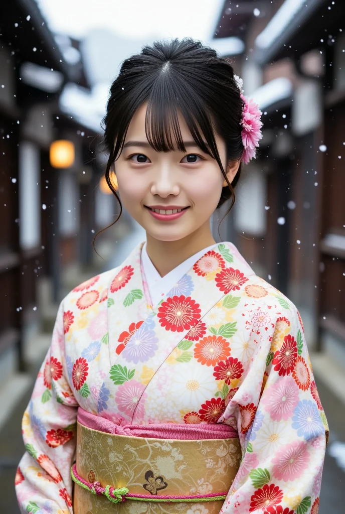 A realistic, upper-body portrait of a young Japanese woman wearing a traditional kimono with a floral print, standing outdoors in a gentle snowfall. She has long black hair adorned with a flower hair ornament and is smiling softly, looking directly at the viewer with her brown eyes. Her obi and sash are clearly visible, completing the serene scene.