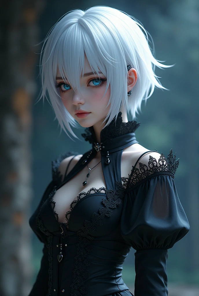,flat chested, flat stomach, tiny body, small stature, high quality image of an anime-style gothic girl, the girl has a very thin body, the girl has short legs, her face is sad, the girl has white skin, the girl has very small breasts, The girl is slightly blushing, the girl has little ears, the girl has white hair, the girl has short hair, the girl is posing sexy, the girl is wearing a sexy black tight dress, the girl's eyes are bright red, the girl has very marked black eyeliner, The background of the image is a night garden with luminous ghosts,