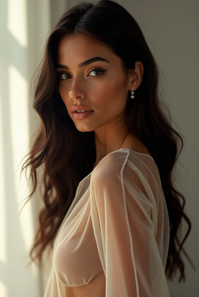 Realistic Photos, lip gloss, drawing, Realistic, Best Quality, Super High Resolution, depth, Pastel color, Natural Shading, focus on face, Face only, looking at the scenes, long hair, Hair Accessory, Black hair, Brown and well-detailed eyes, فستان porn