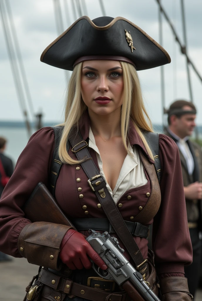 Female pirate captain, holding a flintlock pistol, standing on ship deck, looking at the camera