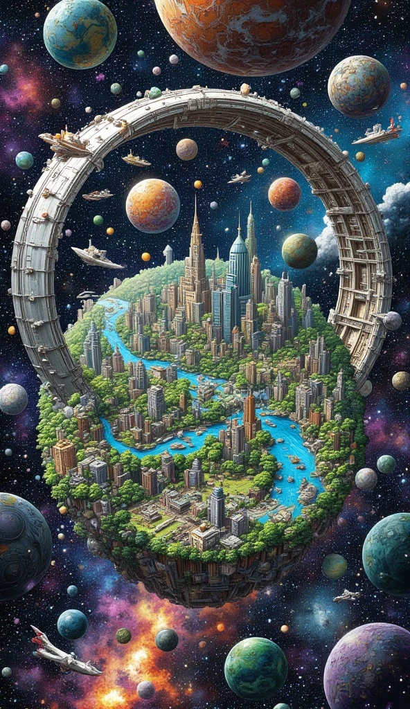 A massive O'Neill cylinder space colony floating in the vastness of space, surrounded by a field of stars and glowing nebulae. The structure is detailed with transparent panels showing lush green landscapes, futuristic cities, and rivers inside. Gigantic Gundam mechs hover near the colony for protection, while small spacecraft fly between the colony and a nearby space station. The lighting highlights the intricate details of the futuristic engineering, intricate artwork, complex texture,