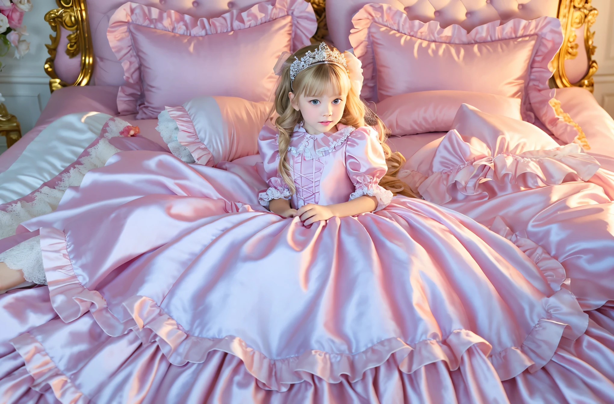 ,highest quality, masterpiece, highest resolution, artwork, 3k realistic pictures,((A short young girl))Ultra-detailed juvenile face,two are princesses,full length ball gown dress with hoop skirt,ruffled yoke collar,puff sleeves,long sleeve,((ta style hot pink detailed princess satin dress with lots of ruffles and ribbons)),Rococo style loliashion,shiny satin dress,Soft and smooth fabric,luxury,long blonde hair,blue eyes,white skin european,Pajama,((in the bedroom)),high quality princess canopy bed,