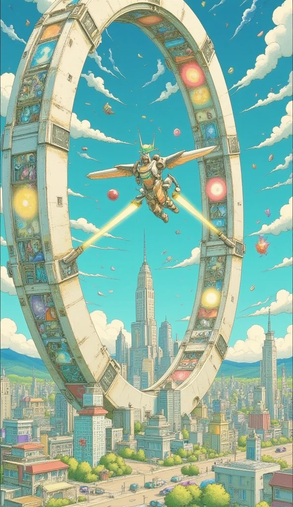 An intricate Gundam universe space colony shaped like a torus, slowly rotating against the backdrop of a glowing galaxy. The interior is visible through the transparent segments, showcasing advanced metropolises, forests, and glowing artificial suns. Giant Gundam suits engage in a high-stakes battle outside the colony, with laser beams and explosions creating an epic scene of dynamic action and futuristic energy,flat color anime