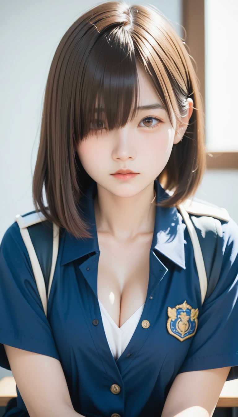 score_9, score_8_ up, score_7_ up,  One Girl , Alone,  young girl, Emotionless,  Watching Viewers ,  upper body, ( long hair,  brown hair ,  short bob , Hair covering one eye, bangs:1.3), Big Breasted , Cleavage, ( Student uniform:1.3),  is sitting, 