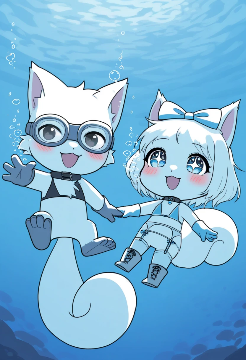 A white cat with blue eyes,wearing bodysuit,Trapped in the sea and unable to break free, white cat struggling,The neck locked by the collar!!!!dans la mer,A look of despair