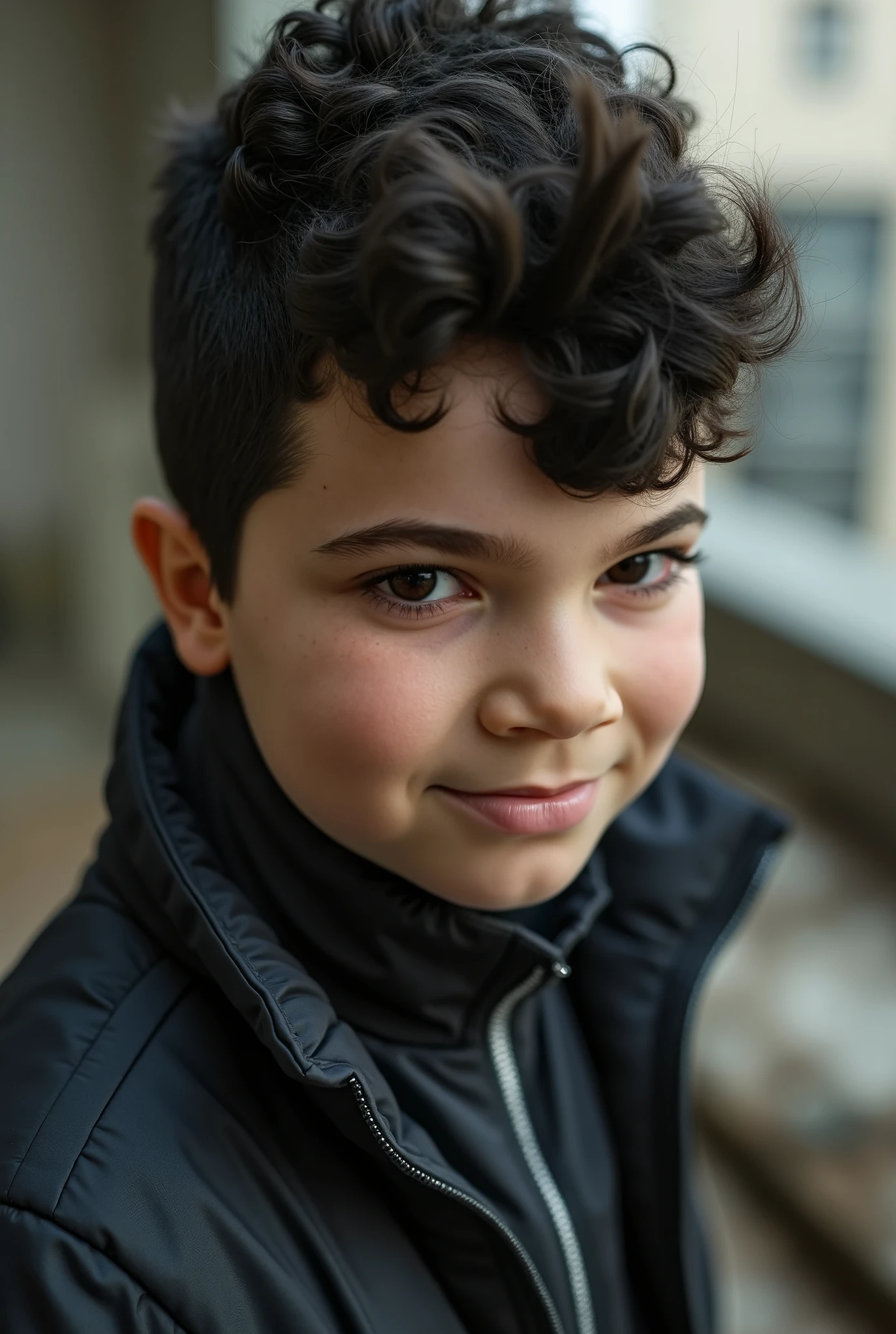 Make a young boy, black movie, that the hair hides her left eye a little, with clothes from the hunger games, Marvel style, that looks 18