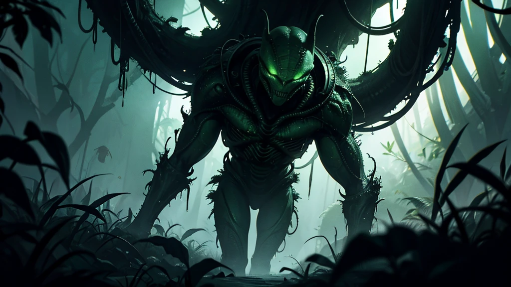 A gigantic floating cuboid structure with dark, twisting tentacles, radiating an intense green light from the circular patterns and eyes with illuminated symbols embedded in their faces. The scene has a dark and futuristic atmosphere., with a greenish-yellow lighting that envelops the entire space, full of geometric shapes and blocks suspended in the air. Two tiny, zombified figures appear to be wandering in front of this monstrous entity., highlighting its colossal scale. The atmosphere is oppressive and mysterious., as if the place were a prison or a temple of some cosmic deity. The style is a combination of science fiction and cosmic horror, with intricate details and a sense of alien grandeur.