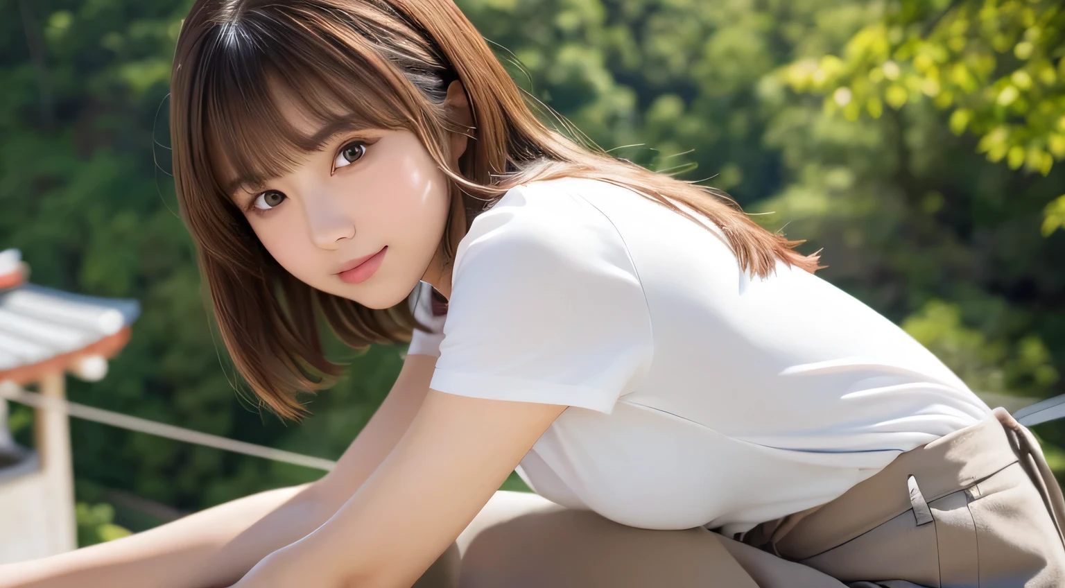 ((masterpiece, best quality:1.2), 27 years old、1girl,crawl on all fours,(Ultra-realistic), (High resolution), (8k), (very detailed) (beautifully detailed eyes),masterpiece, Best image quality, high quality,(super detailed), (wallpaper), (detailed face), ”full body”, crawling position, Beautiful legs、thin脚、Beautiful woman, Japanese, detailed, detailed eyes, detailed skin, Beautiful Skin, 超High resolution, (reality: 1.4),so beautiful, Beautiful Skin, thin, The finer details, detailed face, Look straight ahead, Al Photography, Bright lighting, Professional Lighting, Iris、Brown Hair, Short hair swaying in the wind, Stylish bangs、thin眉毛、smile、flat chest、 neat woman, natural beauty、 light makeup 、thinウェスト、Attractive woman、 solo,Symmetrical face、Well-formed eyes、Beautiful Face、thin体、thin腹、 thin脚、 Beautiful legs、whole body、Small breasts、Small breasts、View from the side、shoot from side、White blouse、Culottes skirt