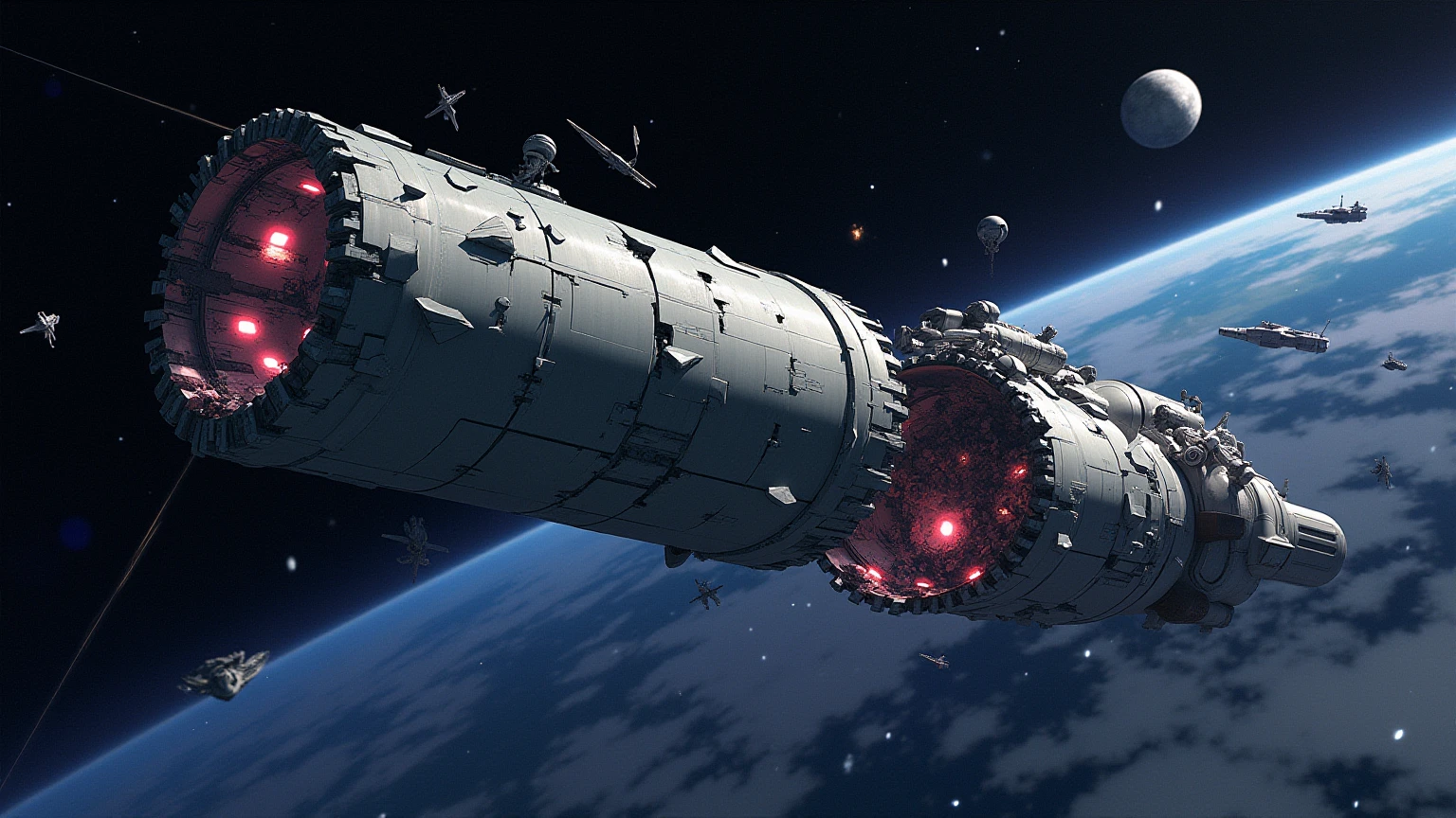 A surreal view of a shattered space colony in the Gundam universe, floating in space. Broken segments of the cylindrical structure drift apart, with glowing energy fields attempting to stabilize the remains. Gundam units work alongside repair drones to salvage the structure, while distant fleets of spacecraft move through a star-drenched cosmic backdrop, symbolizing resilience and survival in a futuristic era, vintage anime, flat color, complex texture, intricate artwork,