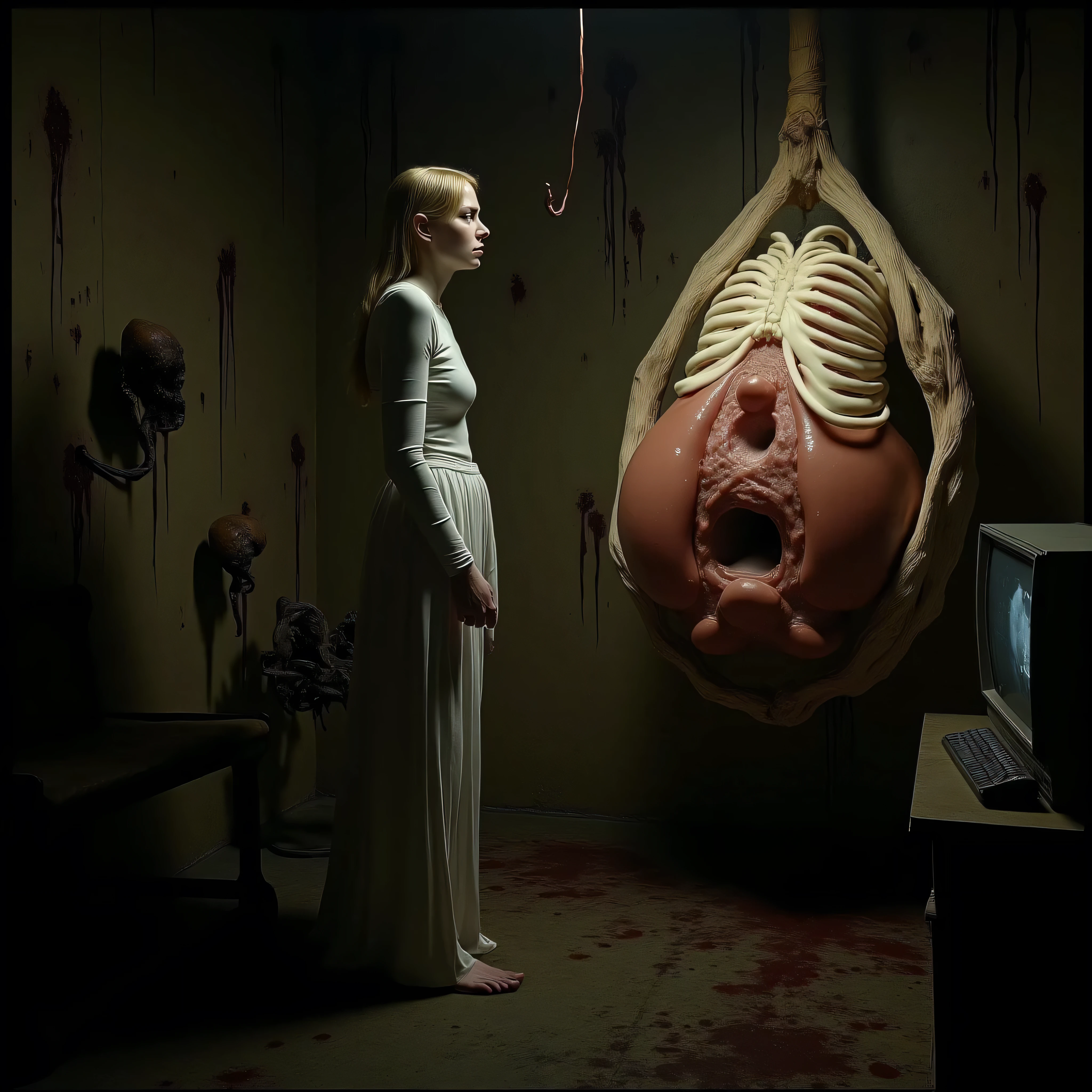 "(the best lighting,  high contrast , dark, dramatic),(mujer rubia junto a un fetus gigante de gelatina, Open the rib cage, fetus, autopsy, human bones, blood on the walls), tv on . Light Caravaggio"