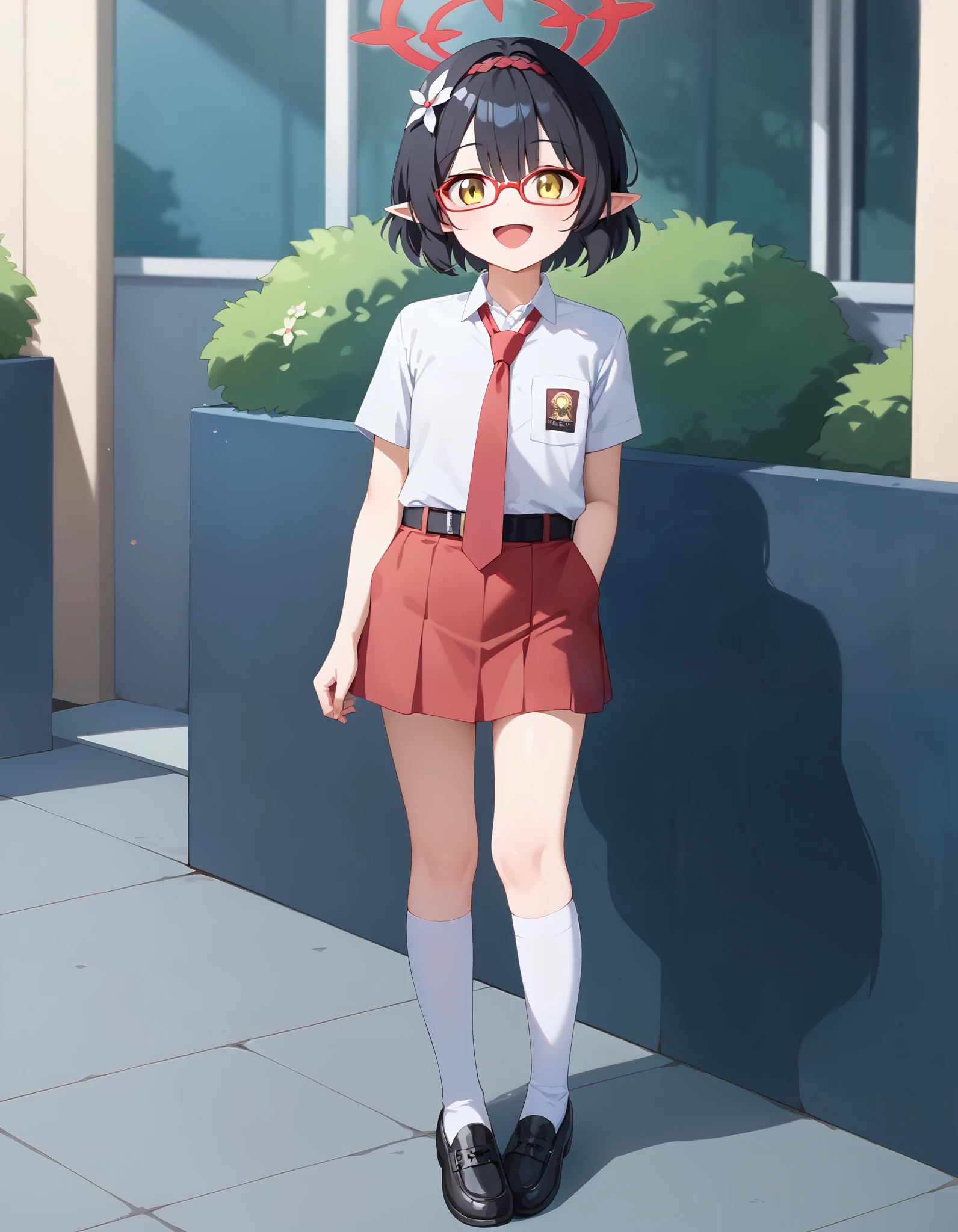 Hd, (littlegirl:1.2) (slender body) (thin body), ayane \(blue archive\), smile, happy,yellow eyes,short hair,black hair,glasses,pointy ears,hair flower,halo, flat breasts, (white skin) happy and confident expression. full body, (ch1ldren playing), short girl, cute girl, (loli:1.2), (ch1ldren:1.2),  long straight hair, thin legs, flat chest, flat breasts. (happy, smile, cheerful), Standing, outdoor, Indonesia high school uniform, wearing white collared shirt, short sleeves, red skirt, (red skirt:1.2), pleated skirt, red neck tie, (red tie:1.2), pocket, school logo on pocket, wearing black belt, wearing black shoes, white socks 