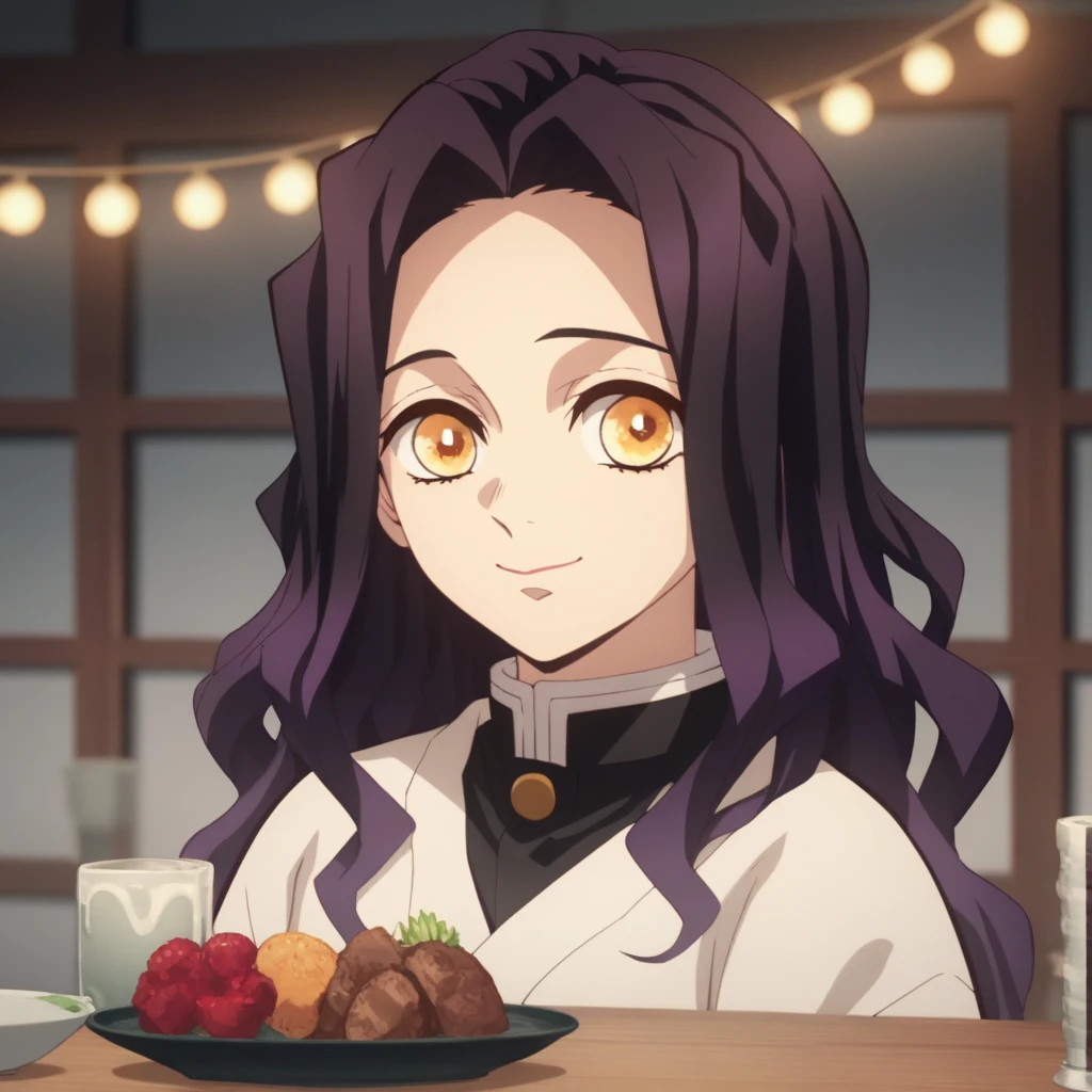 Anime screencap, Season 4 Ufotable studio, girl with purple hair and amber eyes, bangs, round eyes, wearing a black Demon Slayer uniform, face close up, Kanae Kocho's sister, Kocho sister, smiling, Kanae Kocho eyes, loose hair, wavy hair, many lights reflecting off eyes, violet hair with bangs