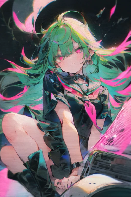 Manami, green hair, pink eyes, black seifuku, short sleeves, stockings, boots, large breasts, crt tv