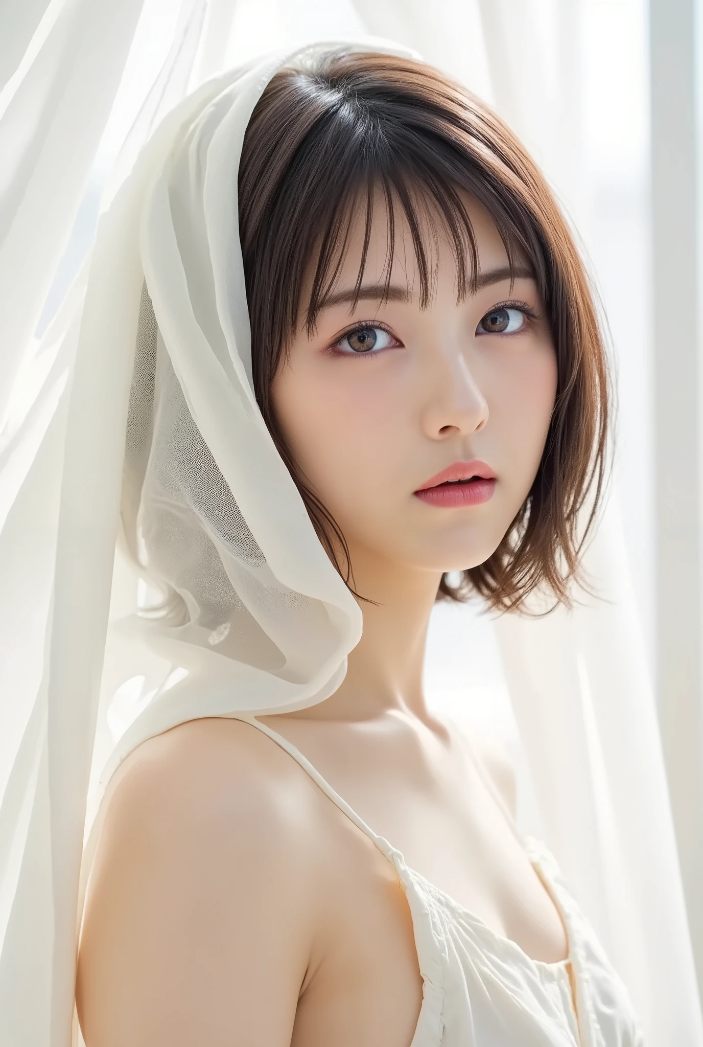 Create an image of a young naked Japanese woman wearing a large piece of white fabric。. The fabric should be thin and translucent, Through the strong sunlight、 makes the outline of her body faintly visible in silhouette. Keep the background light and fresh, A light and airy atmosphere、It enhances the ethereal quality of this scene.。