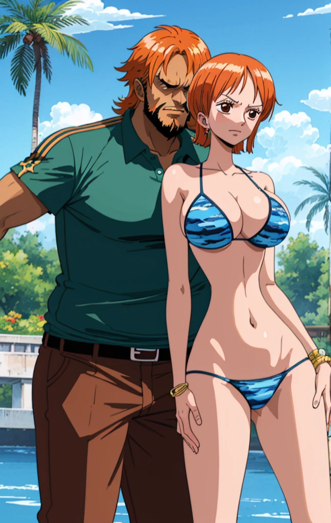 Group of three women in a park, big breasts, each wearing a different colored bikini ,(The first: glasses, yellow eyes, brown hair,Long hair,red bikini.)(the second: green eyes, brown skin, white hair with a braid,yellow bikini.)(the third: short and fluffy hair, orange hair,hair over eyes, pearl necklace,Green bikini.), muscular,body builders.