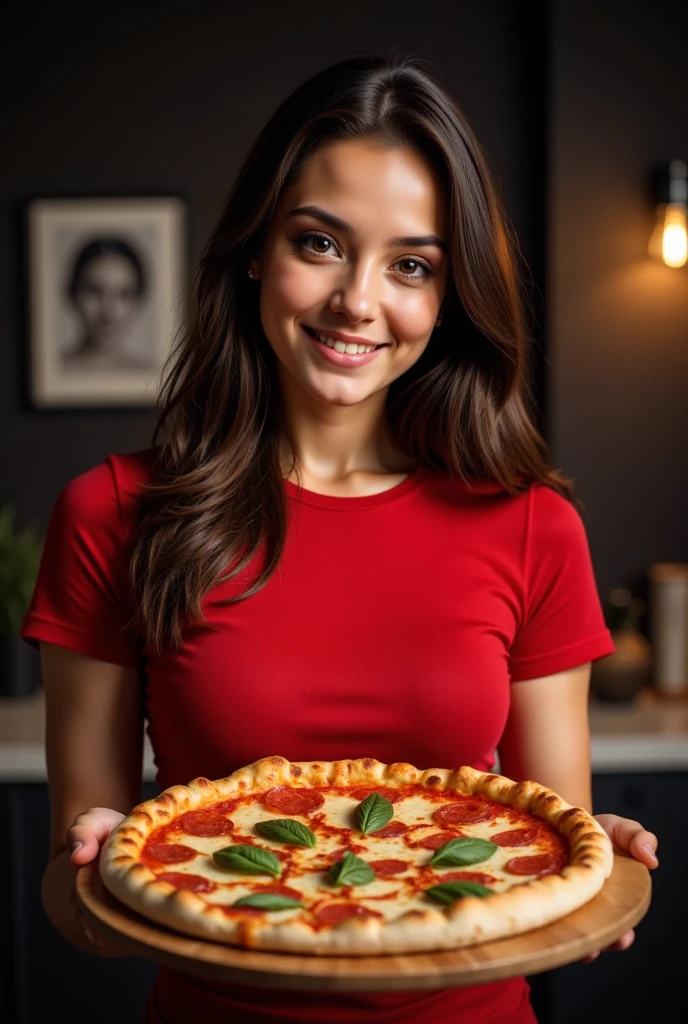 girl in a red t-shirt posing with a delicious italian pizza, professional photoshoot, beautiful smile, detailed face, photorealistic, 8k, best quality, ultra-detailed, studio lighting, vibrant colors, dramatic lighting