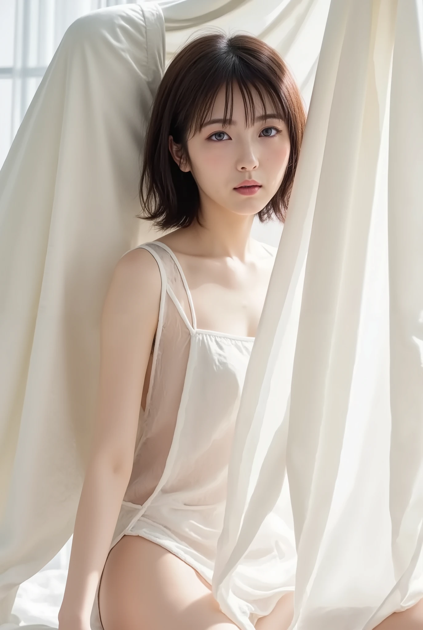 Create an image of a young naked Japanese woman wearing a large piece of white fabric。. The fabric should be thin and translucent, Through the strong sunlight、 makes the outline of her body faintly visible in silhouette. Keep the background light and fresh, A light and airy atmosphere、It enhances the ethereal quality of this scene.。