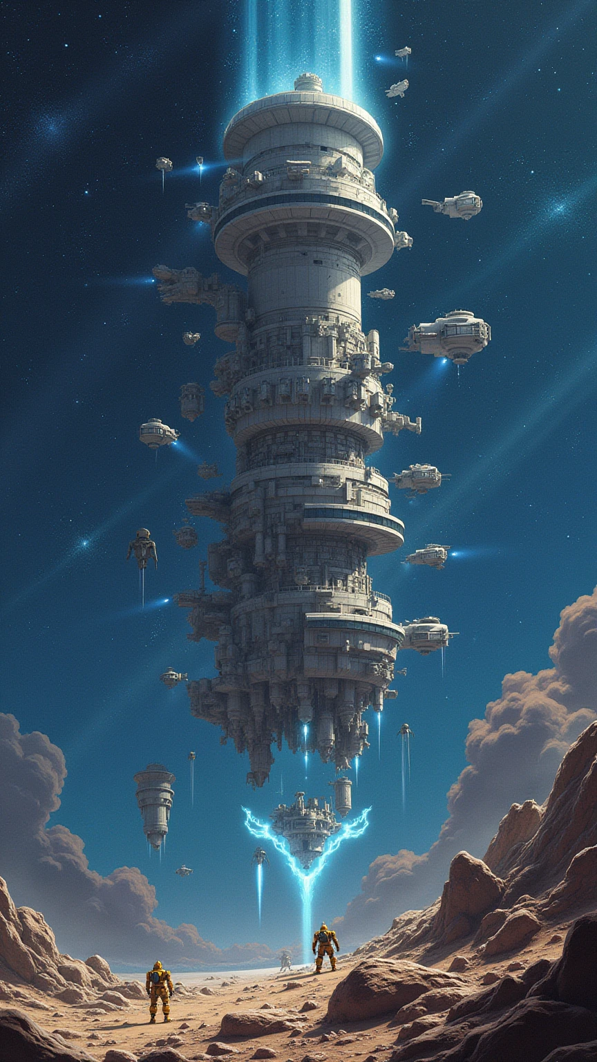 A surreal view of a shattered space colony in the Gundam universe, floating in space. Broken segments of the cylindrical structure drift apart, with glowing energy fields attempting to stabilize the remains. Gundam units work alongside repair drones to salvage the structure, while distant fleets of spacecraft move through a star-drenched cosmic backdrop, symbolizing resilience and survival in a futuristic era, vintage anime, flat color, complex texture, intricate artwork,