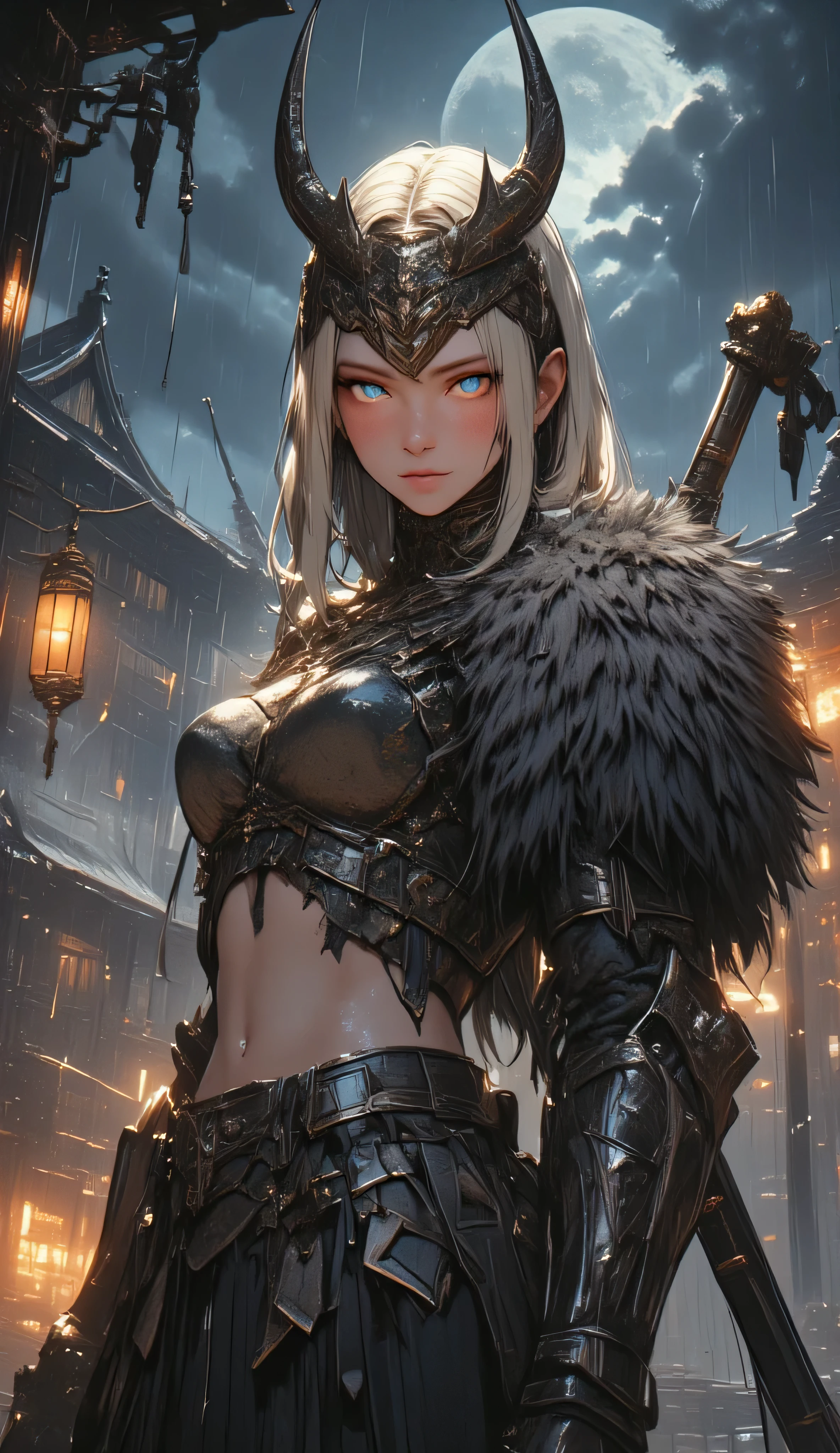 fullbody ,une jeune fille blonde resplendissante avec des yeux bleu (eyes  hd) (Coiffure viking femme Lagertha) une armure a fourrure de style viking avec des cheveux longs et tressé , avec le nombril exposé ,pluie diluvienne ,la nuit,Sombre.quality\(8K,fond d'écran d'unité CG extrêmement détaillée, Haute résolution, de haute qualité, de haute qualité real texture skin,  hyperréaliste ,  Augmentez la résolution , Photos RAW, meilleure qualité, très détaillé, le papier peint ,Proportion dorée,  réalisme à haute saturation  ,  couleurs vibrantes ,  éclairage dramatique ,  narration persuasive ,  paysage atmosphérique , images captivantes,  détails complexes , Fortes émotions,monde de rêve\).paysage