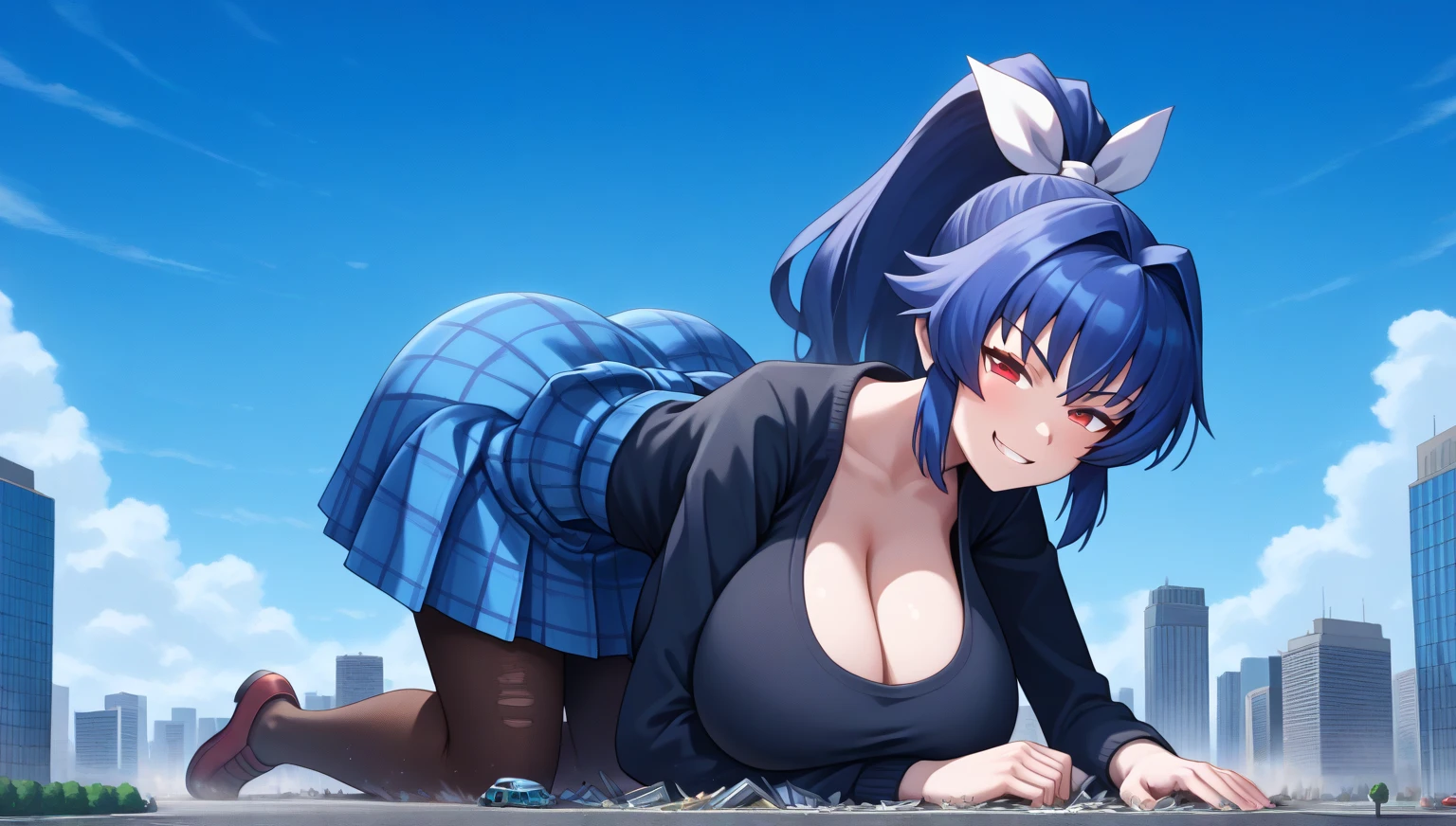 score_9, score_8_up, score_7_up, alone, (gigantic breasts:1.2), Long chest, breasts sagging to the ground, Breasts big enough to touch the ground, 1 girl, (( best quality)),, Meiya, Meiya Mitsurugi, muvluv, smug, red eyes, blue hair, high ponytail, white ribbon, very long hair, wearing black sweater, wearing blue plaid skirt, wearing pantyhose, first-person view, anime, best quality, masterpiece,  highres icon, on all fours,Hands on the ground, fullbody,Trying to crush a miniature metropolis, ((destroyed city)), crash city, tiny city, micro city, big ass, city, giga giantess, huge craters, Woman crushing a building, ravines, cracks in the ground, earthquake, blue sky, City, ((Background on the street)), (((The Girl Who Crushes the City)))Woman in a bold pose ,foot, a woman seen from the side