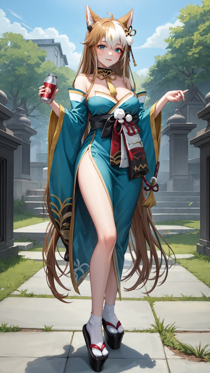  masterpiece,  better quality,  high quality,  full body,  al aire libre,  looking at the viewer , 1 girl,  dynamic pose , hina-fi , Bicolor fur,  Japanese clothing , Green Kimono, cola,  bare shoulders ,cola, with cola, wide hip,beautiful,beautifuls piernas, seductive face, seductive look , seductive face,sexy,Milf,adult woman,mommy,long hair, Long hair 