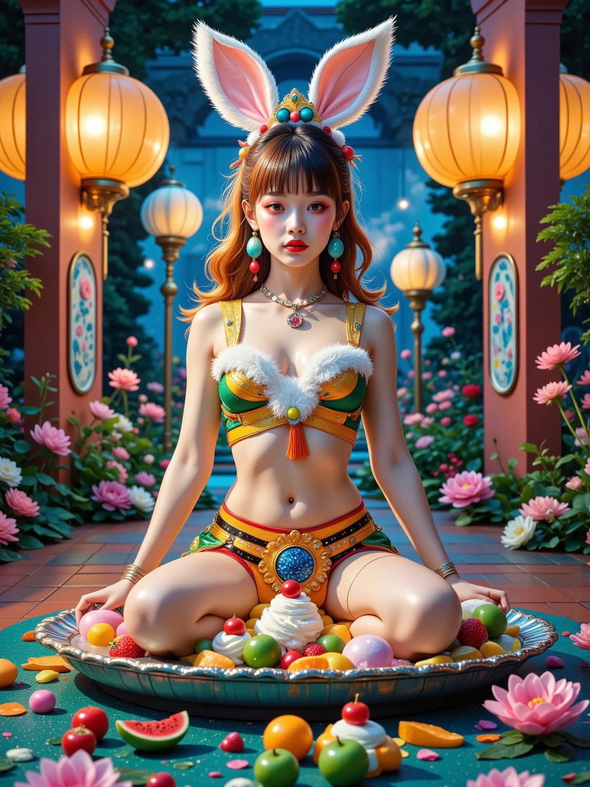 Close-up of beautiful and detailed bunny girl in casino, full body portrait, shot from front and center of body, (placed on a large silver tray decorated with sliced ​​fruit and whipped cream: 1.4), (thighs raised, legs Spread: 1.7), (Decorate her body with cut fruits and fresh cream: 1.5), Ideal body shape, medium bust, slender and delicate waist, delicate ass, beautiful and delicate crotch, delicate and delicate thighs, Beautifully detailed eyes, beautiful face, charming appearance, flowing chestnut hair, ultra-compact, 8k, surreal, dramatic lighting, chiaroscuro, dramatic atmosphere, elegant, functional, alone, hyper-realistic of,awards,exquisite detail,volumetric lighting,vibrant colors,movie,masterpiece