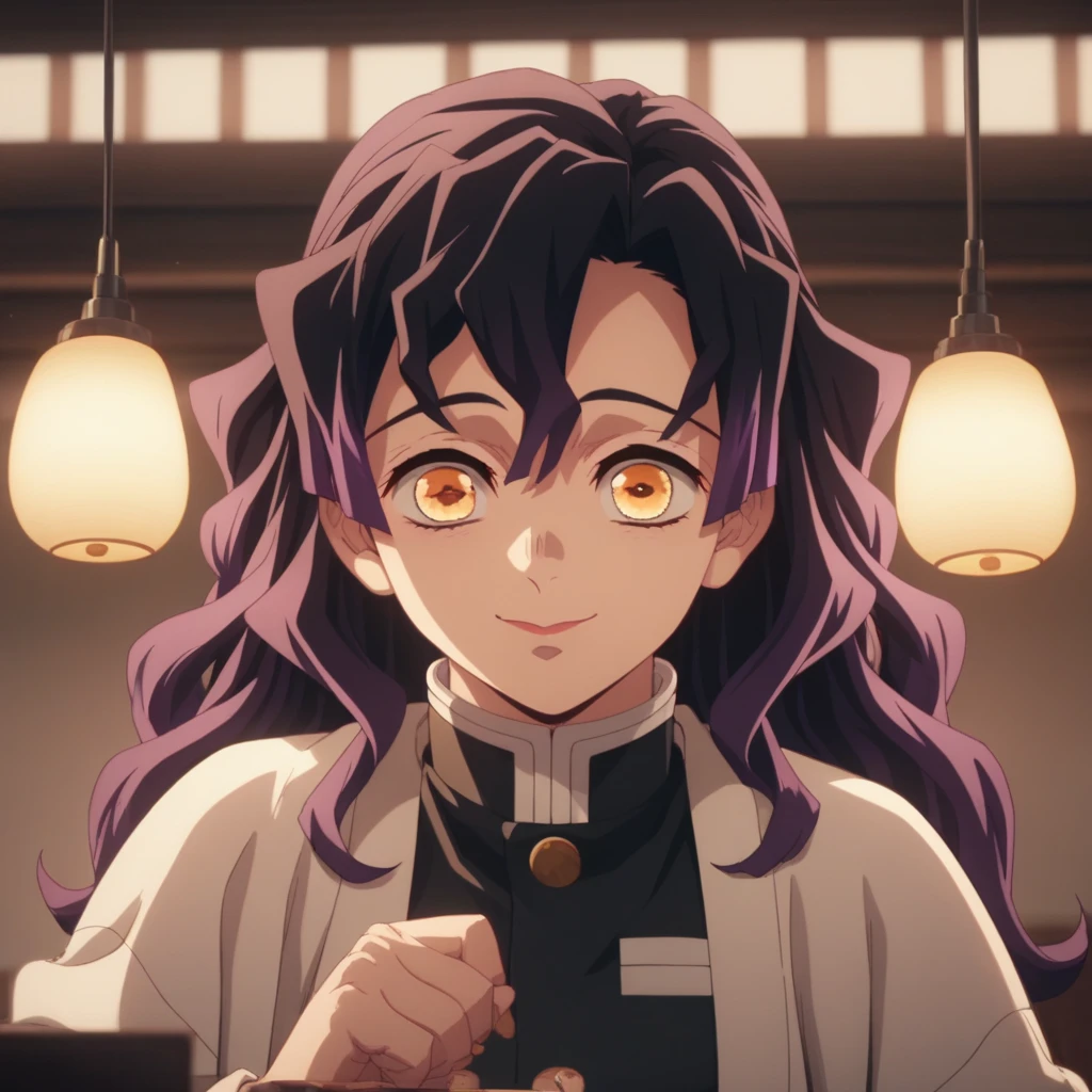 Anime screencap, Season 4 Ufotable studio, girl with purple hair and amber eyes, bangs, round eyes, wearing a black Demon Slayer uniform, face close up, Kanae Kocho's sister, Kocho sister, smiling, Kanae Kocho eyes, loose hair, wavy hair, many lights reflecting off eyes, violet hair with bangs