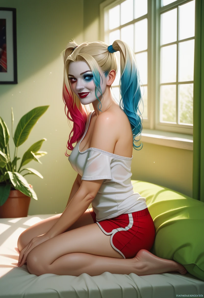 harleyquinn, blue eyes, eye shadow, blonde hair, twin tails, multicolored hair, pulling top off over head, looking at viewer, happy, smirk, sitting, on bed, inside cozy bedroom, window, night time, high quality, masterpiece,