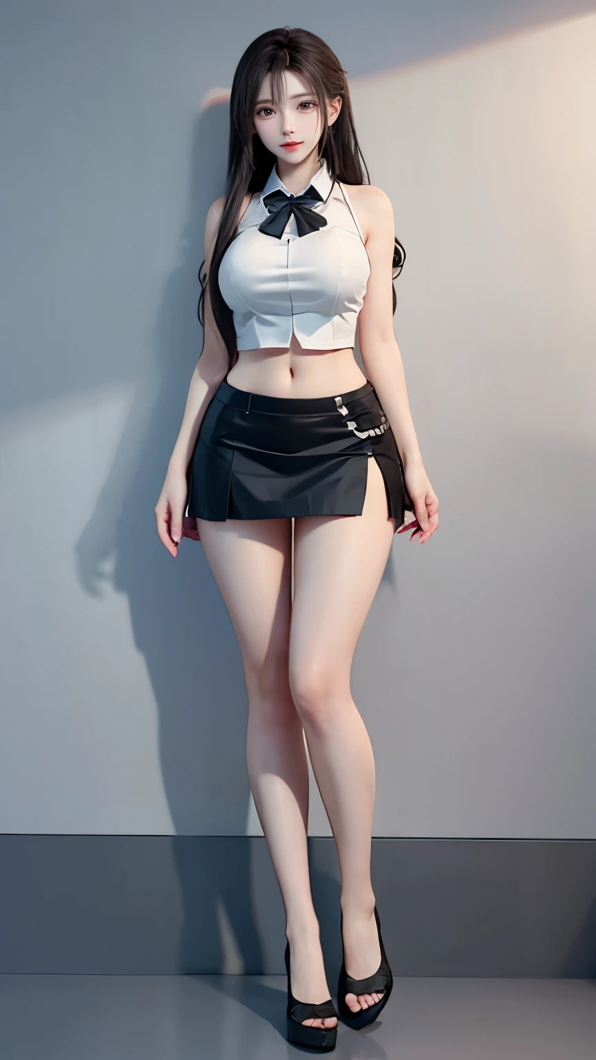 Sexy women、One female、High-quality images、Full body image、Beautiful thighs、Chinese women、Chinese、A mocking smile、High heels、Low - Angle、Beautiful eyes、Arrogant woman、Cute Face、黒のHigh heelsを履いている,Long, slender legs、 White shirt and ultra-mini skirt、 Long legs、Cleavage、Confident woman、Dominant Femdom、The winner is a woman、Contemptuous gaze