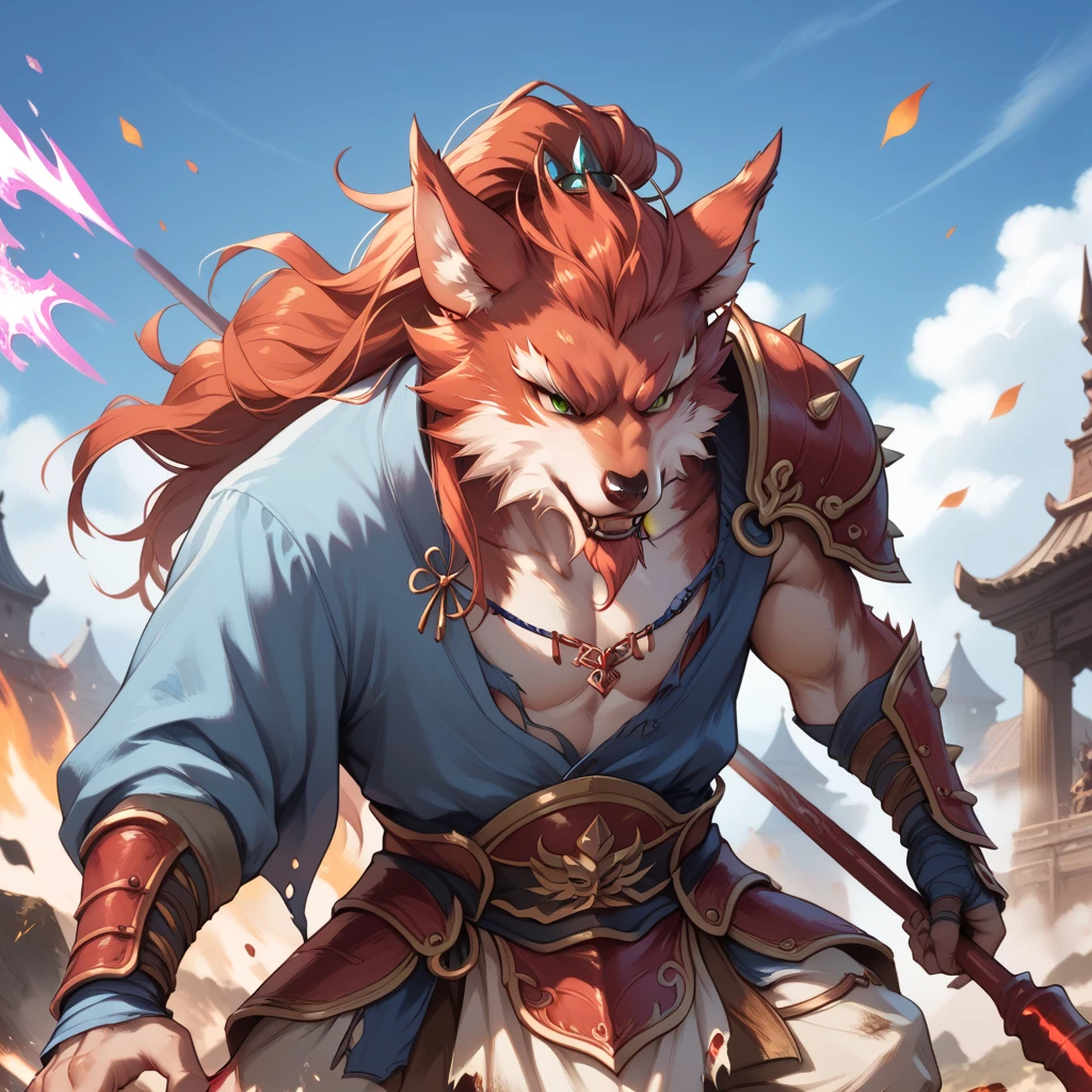 Young boy Kemono elf half beast, Your hair and fur are red,  fighting in the middle of a plain,  her clothes are torn and her armor in pieces ,  her expression is fierce and her eyes are serious ,  in her left hand she holds an impressive spear with a long blue fabric that wraps around it,  her other hand is in a claw shape ,  her red hair wobbles in the wind ,  dark skin under the red fur , deep green eyes , iris feral,  animal ears , wolf ears,  body hair , Alone,  Battlefield,  magic and shadows in the background ,  long hair, by the bodies, Alone, 1 man.