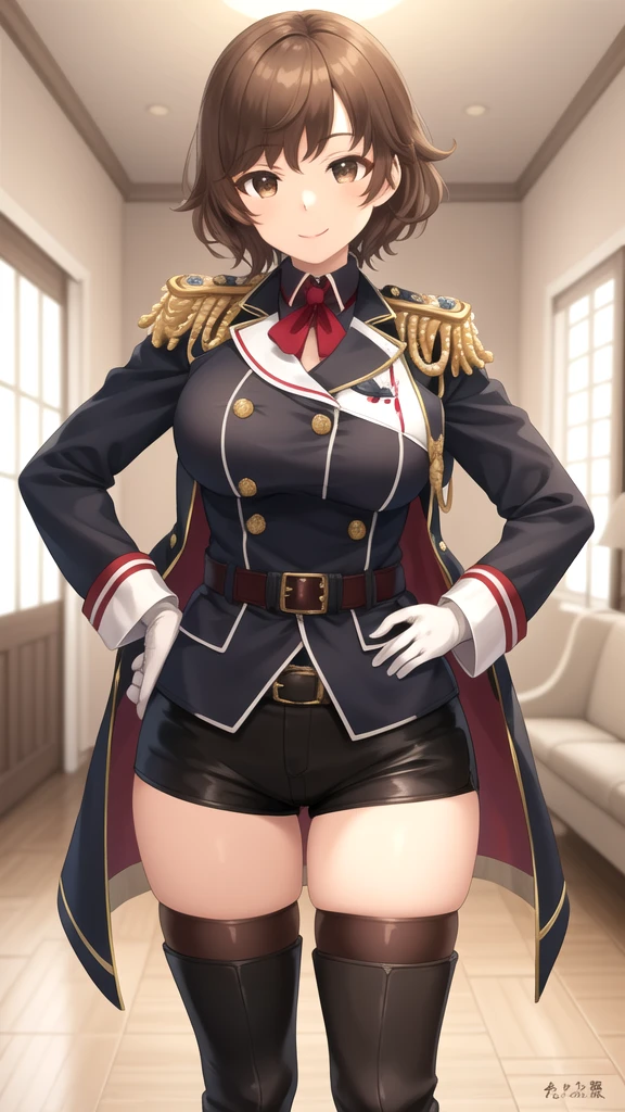 masterpiece, best quality, high quality, girl, solo, looking at viewer, kogure_kawanami, brown hair, brown eyes, large breasts, military uniform, coat, black shorts, epaulettes, brown belt, thigh boots, white gloves, smile, hands on hips, indoors,