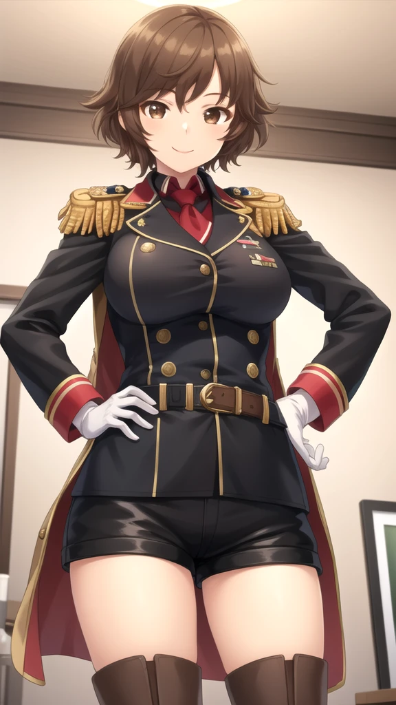 masterpiece, best quality, high quality, girl, solo, looking at viewer, kogure_kawanami, brown hair, brown eyes, large breasts, military uniform, coat, black shorts, epaulettes, brown belt, thigh boots, white gloves, smile, hands on hips, indoors,