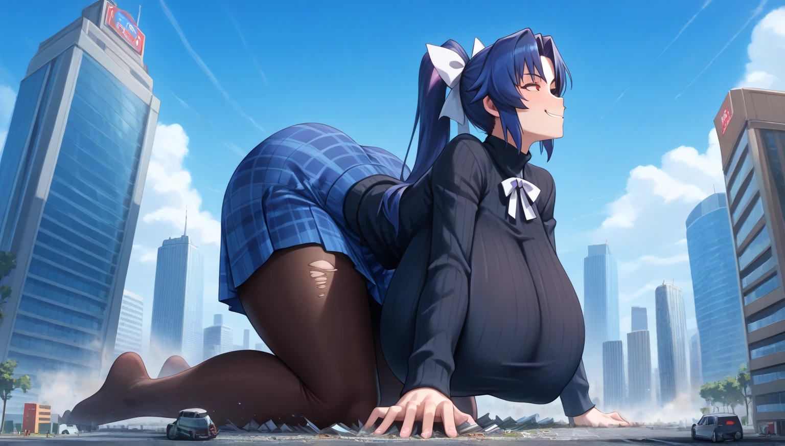 score_9, score_8_up, score_7_up, alone, (gigantic breasts:1.2), Long chest, breasts sagging to the ground, Breasts big enough to touch the ground, 1 girl, (( best quality)),, Meiya, Meiya Mitsurugi, muvluv, smug, red eyes, blue hair, high ponytail, white ribbon, very long hair, wearing black sweater, wearing blue plaid skirt, wearing pantyhose, first-person view, anime, best quality, masterpiece,  highres icon, on all fours,Hands on the ground, fullbody,Trying to crush a miniature metropolis, ((destroyed city)), crash city, tiny city, micro city, big ass, city, giga giantess, huge craters, Woman crushing a building, ravines, cracks in the ground, earthquake, blue sky, City, ((Background on the street)), (((The Girl Who Crushes the City)))Woman in a bold pose ,foot, a woman seen from the side