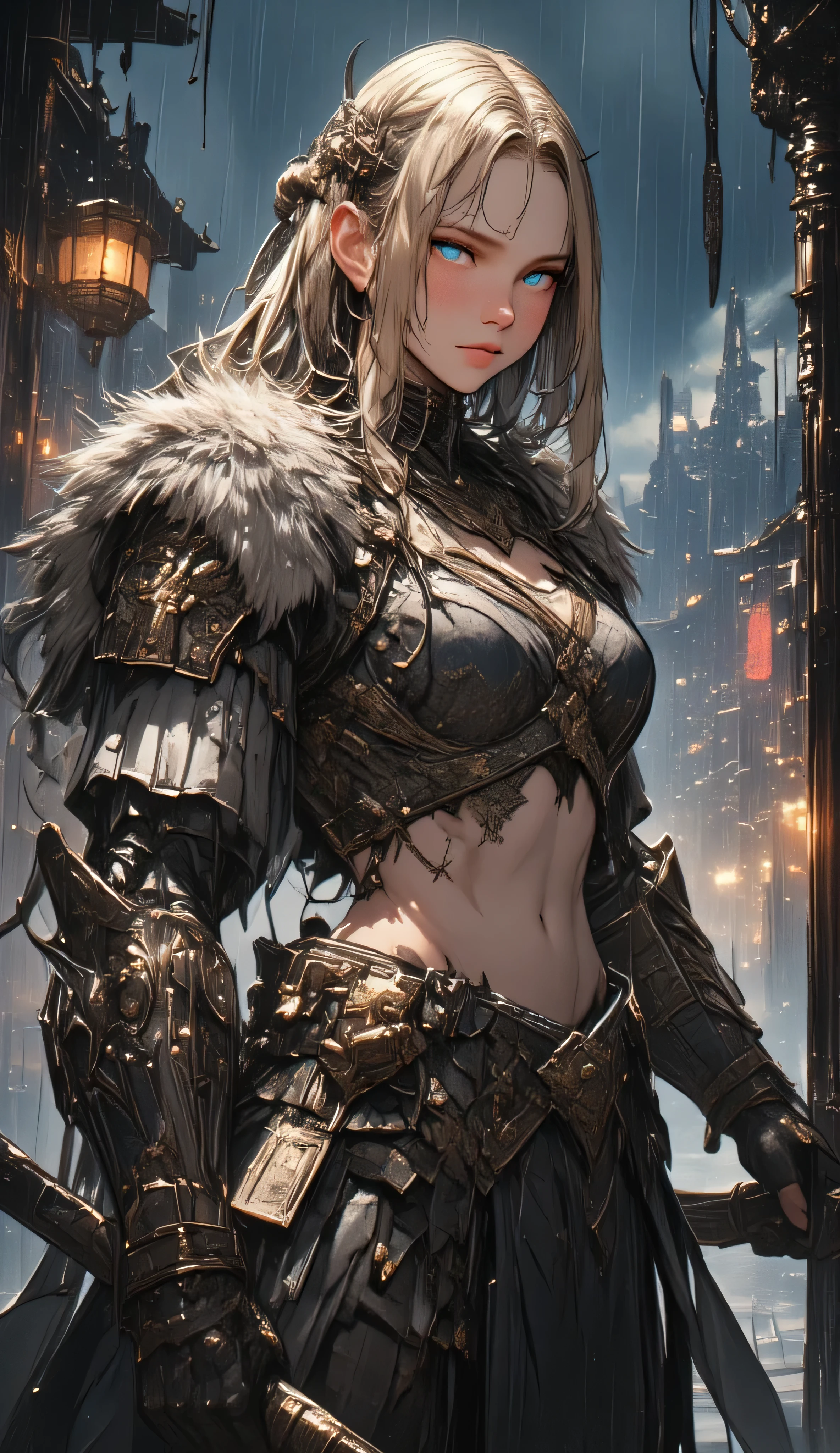 fullbody ,une jeune fille blonde resplendissante avec des yeux bleu (eyes hd) (Coiffure viking femme Lagertha) une armure a fourrure de style viking avec des cheveux longs et tressé , avec le nombril exposé ,pluie diluvienne ,la nuit,Sombre.quality\(8K,fond d'écran d'unité CG extrêmement détaillée, Haute résolution, de haute qualité, de haute qualité real texture skin, hyperréaliste , Augmentez la résolution , Photos RAW, meilleure qualité, très détaillé, le papier peint ,Proportion dorée, réalisme à haute saturation , couleurs vibrantes , éclairage dramatique , narration persuasive , paysage atmosphérique , images captivantes, détails complexes , Fortes émotions,monde de rêve\).paysage