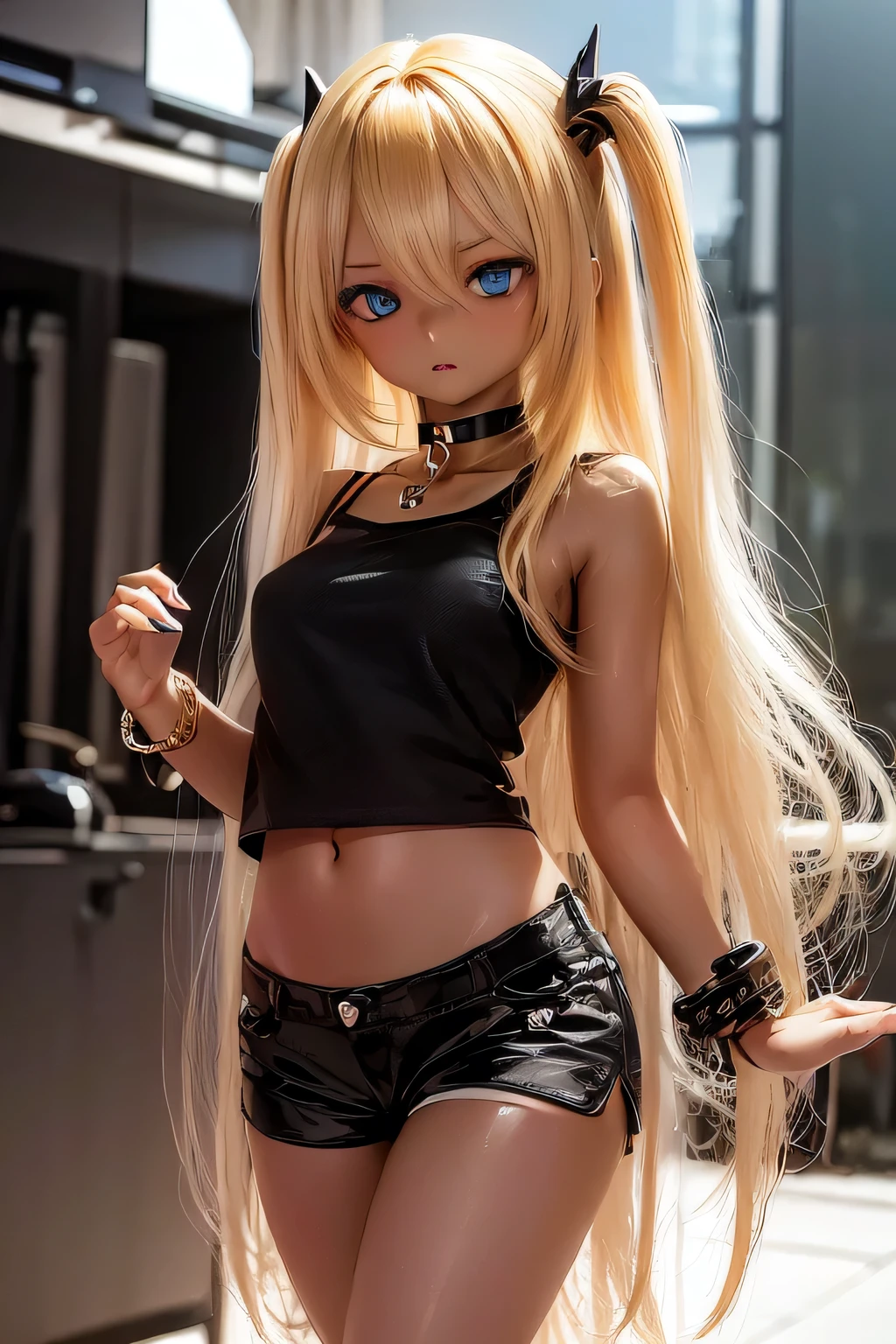 photorealistic, realistic photo, 8k, Canon EOS, ((highest quality)), ((masterpiece)), (extremely detailed), kukolnydom, doll, shiny skin, (dark skin:2), (street, walking, hair ornament, choker, black camisole, bracelet, shorts, thighs, mature woman, 21yo, 21_years_old, solo:1.6), (medium breasts, parted lips, blonde hair, long hair, two side up, blank stare, empty eyes, blue eyes, glass eyes, shining eyes, detailed face:1.3)
