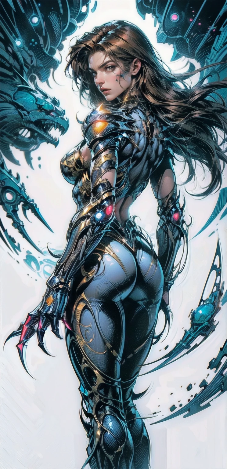 A dynamic and powerful depiction of a female warrior inspired by the Witchblade aesthetic. She has long flowing brown hair and wears an intricate, organic armor that fuses with her skin, glowing with mystical energy. Her pose is confident and commanding, showcasing her supernatural gauntlet-like weapon, which extends into sharp, otherworldly claws. The armor is adorned with sharp edges, bio-mechanical designs, and glowing patterns, emphasizing both elegance and menace. Her eyes glow faintly, hinting at her immense power. The background is stark white, allowing every detail of her form and armor to stand out clearly, creating a striking contrast. backwards, looking back (white background)
