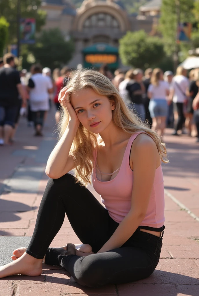 Photo à assise par terre ultra réaliste prise de loin d’une jeune femme blanche très mince petit seins de 18 ans, avec de longs cheveux blonds et des yeux bleu ultra réaliste et détaillé, elle est a disneyland avec mickey avec et pleins de client autour Elle porte un legging noir et un debardeur rose. La photo est prise de loin, à partir d’un angle légèrement élevé, capturant son visage et son corps de manière décontractée, une pose assise par terre, La lumière est douce, venant de la lumière du jour, créant une ambiance chaleureuse et naturelle. La scène est détendue, sans poser pour un selfie, pas de photo professionel avec une expression tranquille et naturelle. Le fond est flou, mettant l’accent sur sa silhouette et l’atmosphère intime