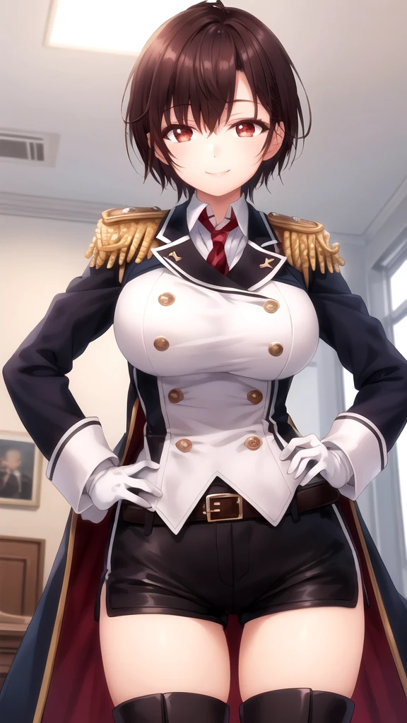 masterpiece, best quality, high quality, girl, solo, looking at viewer, yuuta_kadowaki, large breasts, military uniform, coat, black shorts, epaulettes, brown belt, thigh boots, white gloves, smile, hands on hips, indoors,