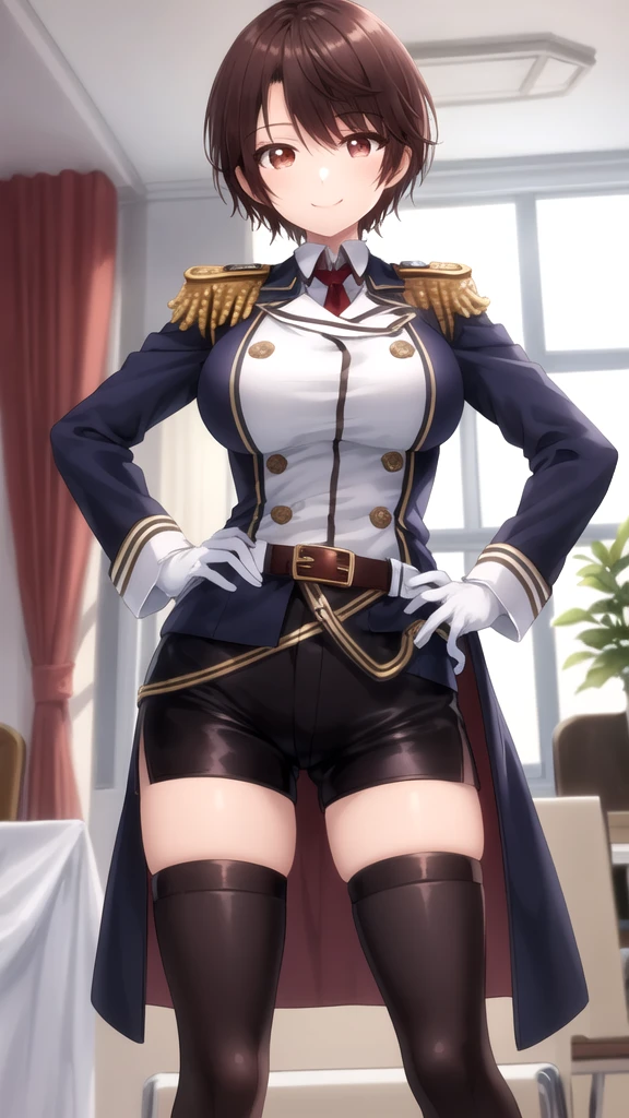 masterpiece, best quality, high quality, girl, solo, looking at viewer, yuuta_kadowaki, large breasts, military uniform, coat, black shorts, epaulettes, brown belt, thigh boots, white gloves, smile, hands on hips, indoors,